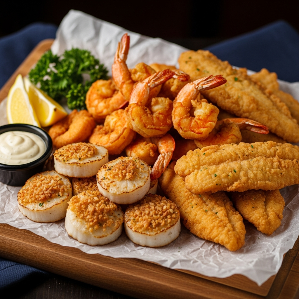 Large seafood combo platter with fried shrimp, scallops and fish at Golden Catch Harlem
