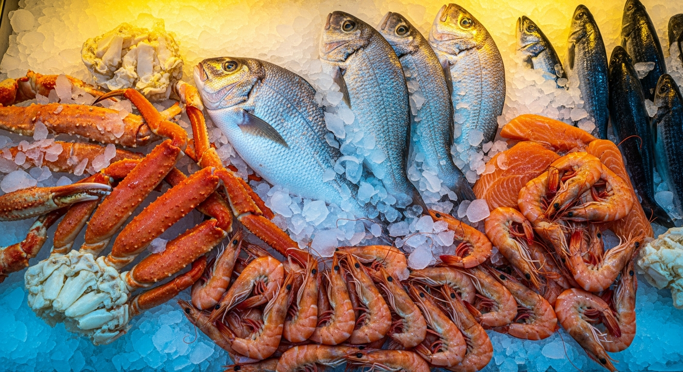 Fresh seafood display with crab legs, whole fish and shrimp on ice at Golden Catch Fish Market Harlem