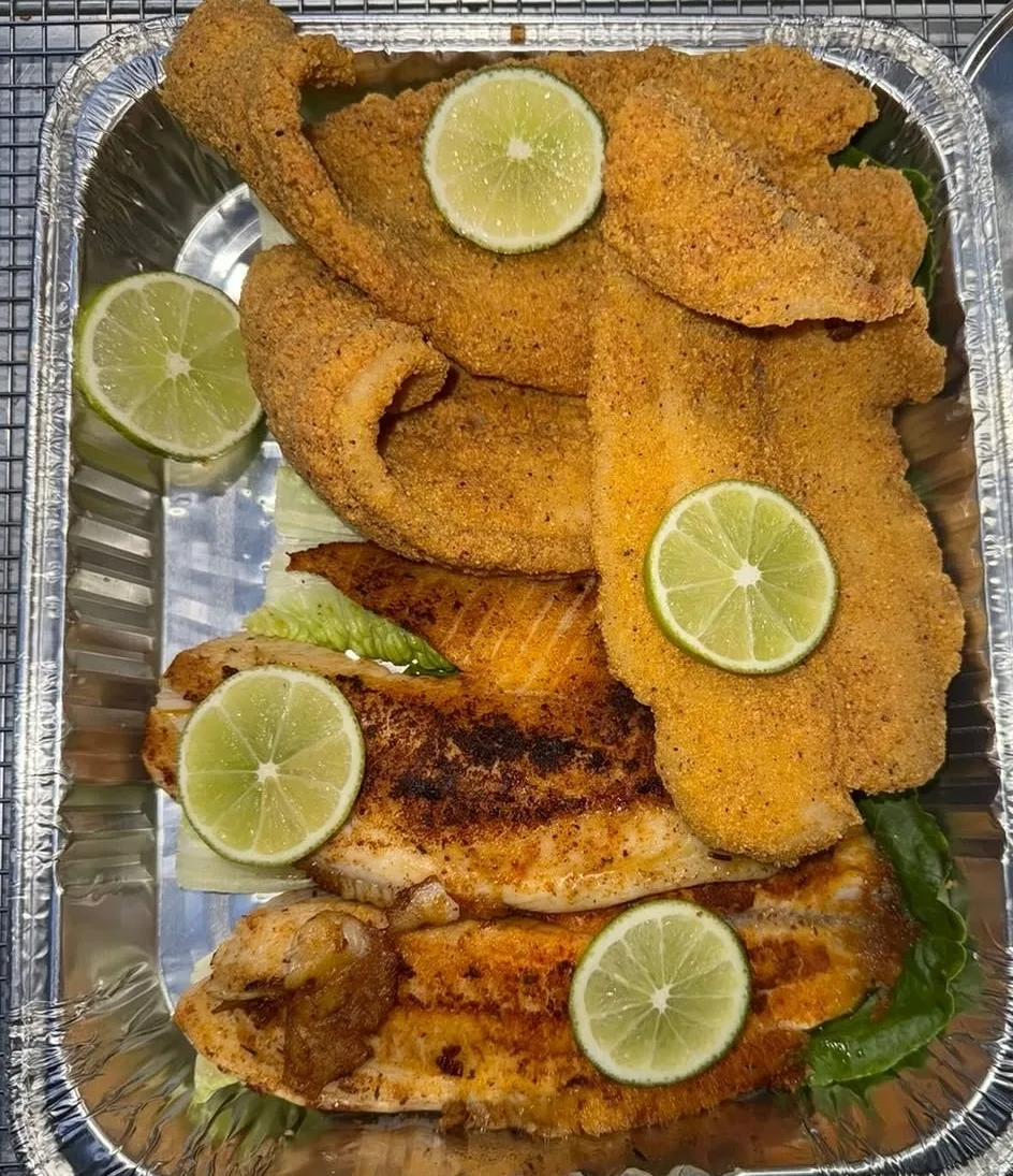 Fried whiting and blackened grilled fish with lime at Golden Catch Fish Market